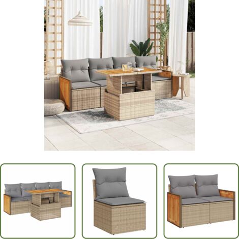 vidaXL Poltrone da giardino -  Set Divano da Giardino 5 pz con Cuscini Beige Polyrattan Acacia