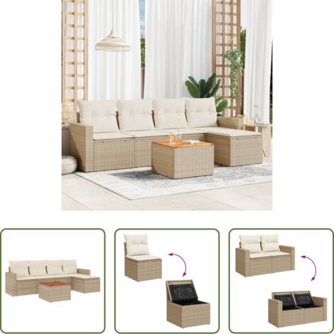 vidaXL Poltrone da giardino -  Set Divano da Giardino 6 pz con Cuscini Beige in Polyrattan