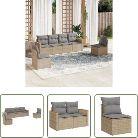 vidaXL Poltrone da giardino -  Set Divano da Giardino 6 pz con Cuscini Beige Misto Polyrattan