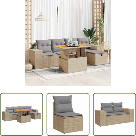 vidaXL Poltrone da giardino -  Set Divano da Giardino 6 pz con Cuscini Beige Polyrattan Acacia