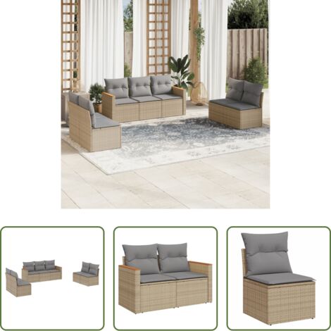 vidaXL Poltrone da giardino -  Set Divano da Giardino 7 pz con Cuscini Beige Misto Polyrattan