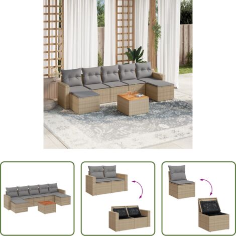 vidaXL Poltrone da giardino -  Set Divano da Giardino 8 pz con Cuscini Beige Misto Polyrattan