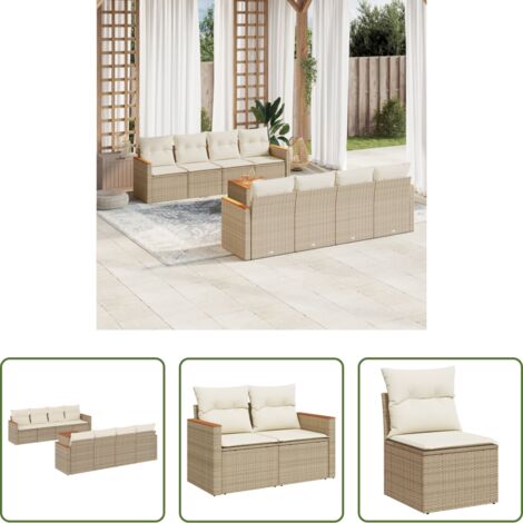 vidaXL Poltrone da giardino -  Set Divano da Giardino 9 pz con Cuscini Beige in Polyrattan