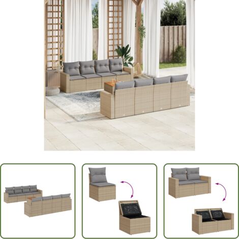 vidaXL Poltrone da giardino -  Set Divano da Giardino 9 pz con Cuscini Beige Misto Polyrattan