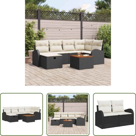 vidaXL Poltrone da giardino -  Set Divano da Giardino con cuscino 7 pcs Nero polyrattan
