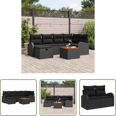 vidaXL Poltrone da giardino -  Set Divano da Giardino con cuscino 7 pcs Nero polyrattan