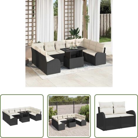 vidaXL Poly rattan -  Set Divano da Giardino con cuscino 10 pcs Nero Poly Rattan