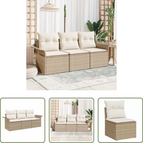 vidaXL Poly rattan -  Set Divano da Giardino con cuscino 3 pcs Beige Poly Rattan