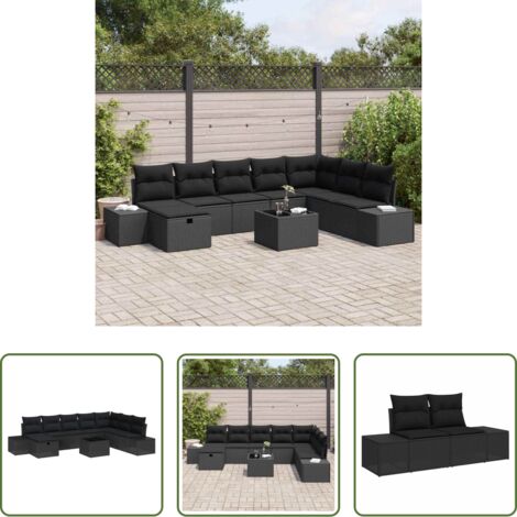 vidaXL Poly rattan -  Set Divano da Giardino con cuscino 9 pcs Nero Poly Rattan