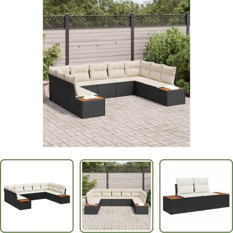 vidaXL Poly rattan -  Set Divano da Giardino con cuscino 9 pcs Nero Poly Rattan