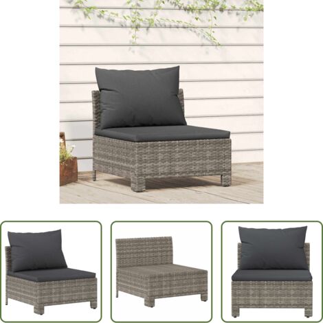 vidaXL Polyrattan -  Divano da giardino centrale con cuscino grigio in polyrattan
