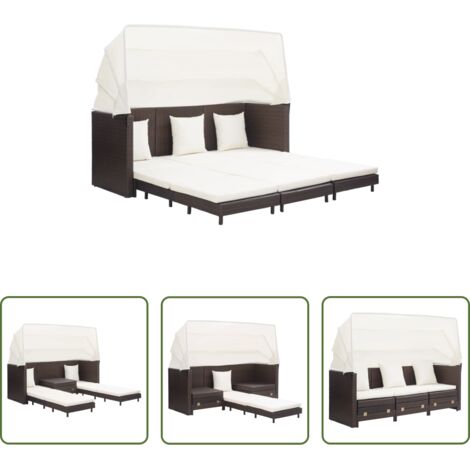 vidaXL Polyrattan -  Divano Letto a 3 Posti Estendibile con Tetto Polyrattan Marrone