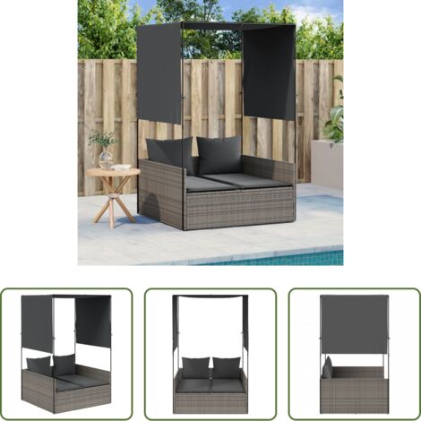 vidaXL Polyrattan -  Lettino Prendisole Doppio Tetto e Tende Grigio in Polyrattan