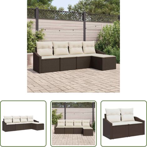 vidaXL Polyrattan -  Set di divani con cuscino 5 pcs Marrone e Crema polyrattan