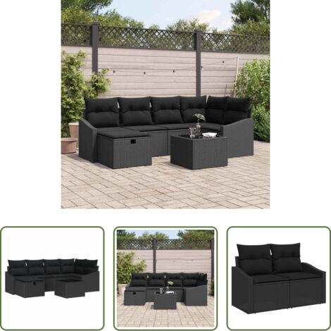 vidaXL Polyrattan -  Set di divani con cuscino con archiviazione Nero polyrattan