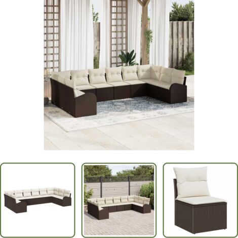 vidaXL Polyrattan -  Set Divano da Giardino 10 pcs Marrone e bianco polyrattan