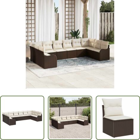 vidaXL Polyrattan -  Set Divano da Giardino 10 pcs Marrone e bianco polyrattan