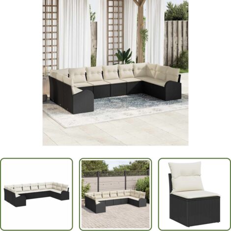 vidaXL Polyrattan -  Set Divano da Giardino 10 pcs Nero e Bianco polyrattan