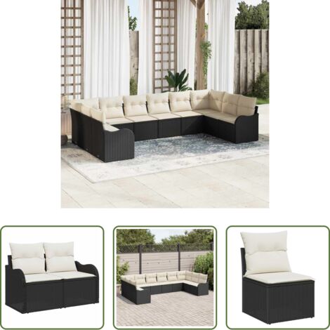 vidaXL Polyrattan -  Set Divano da Giardino 10 pcs Nero e bianco polyrattan