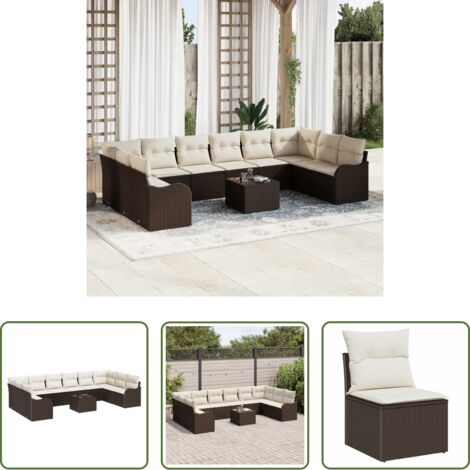 vidaXL Polyrattan -  Set Divano da Giardino 11 pcs Marrone e bianco polyrattan