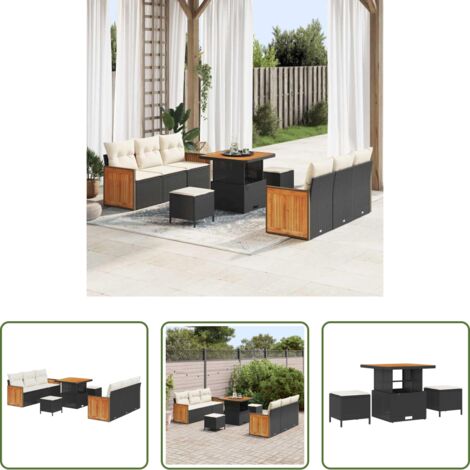 vidaXL Polyrattan -  Set Divano da Giardino 11 pcs Nero e Crema polyrattan