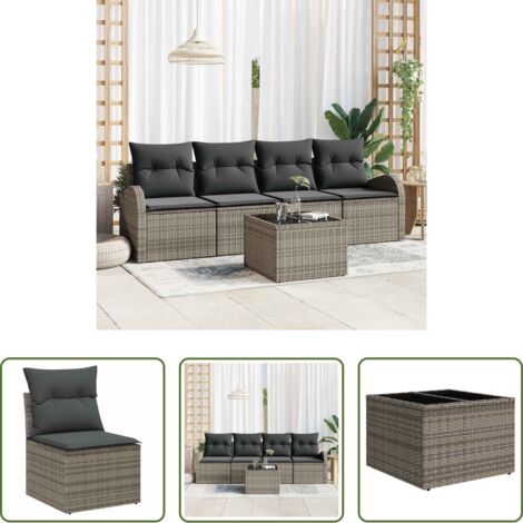 vidaXL Polyrattan -  Set Divano da Giardino 5 pcs Grigio Polyrattan, Acciaio e Vetro