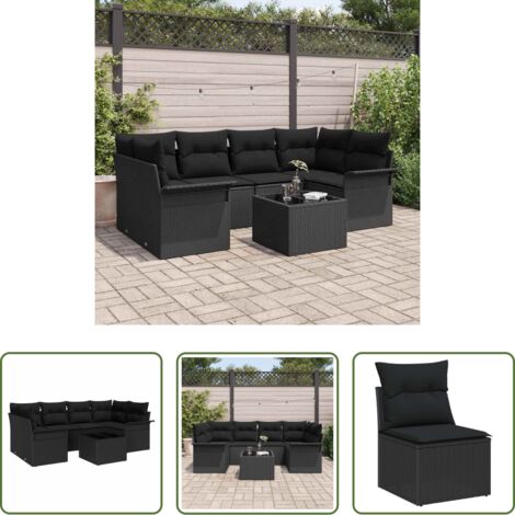 vidaXL Polyrattan -  Set Divano da Giardino 7 pcs Nero Polyrattan, Acciaio e Vetro