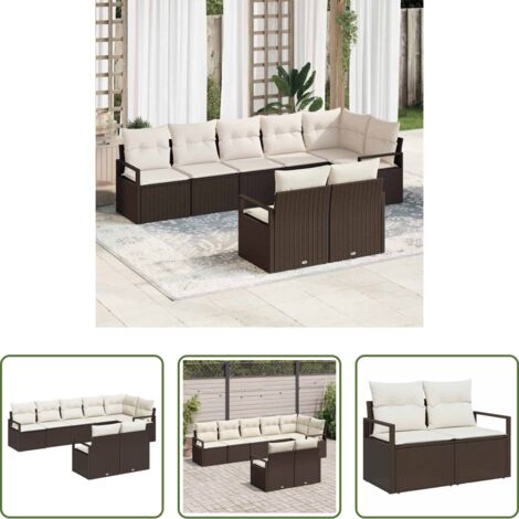 vidaXL Polyrattan -  Set Divano da Giardino 8 pcs Marrone e bianco polyrattan
