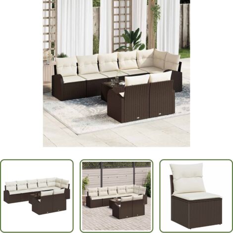 vidaXL Polyrattan -  Set Divano da Giardino 9 pcs Marrone e bianco polyrattan