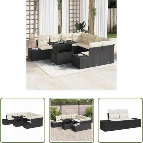 vidaXL Polyrattan -  Set Divano da Giardino 9 pcs Nero e Crema polyrattan