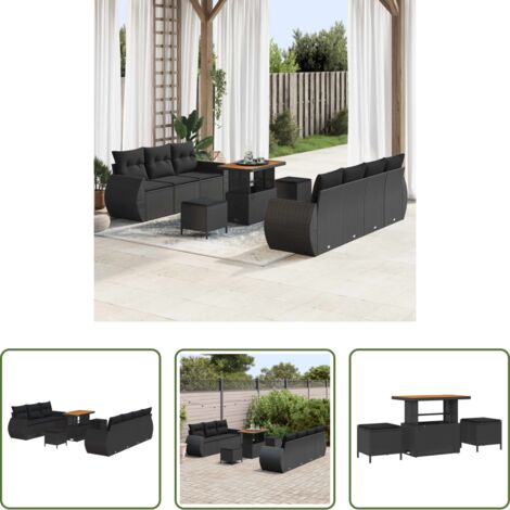 vidaXL Polyrattan -  Set Divano da Giardino con cuscino 10 pcs Nero polyrattan
