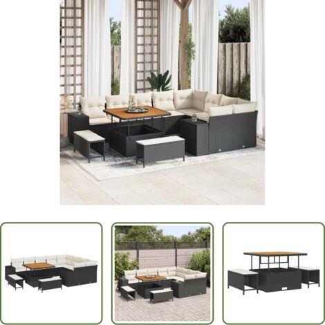 vidaXL Polyrattan -  Set Divano da Giardino con cuscino 12 pcs Nero polyrattan