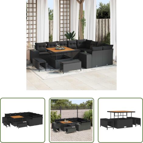 vidaXL Polyrattan -  Set Divano da Giardino con cuscino 12 pcs Nero polyrattan