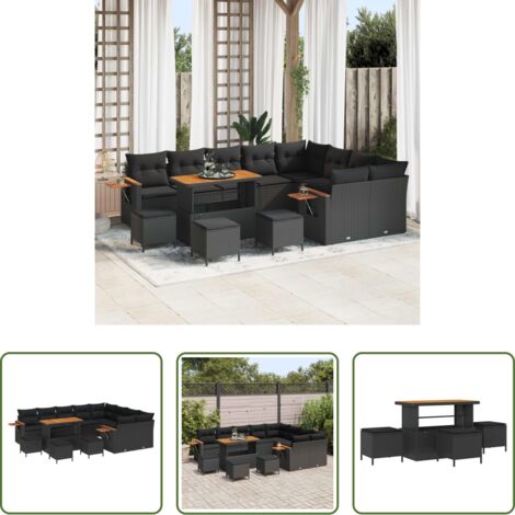 vidaXL Polyrattan -  Set Divano da Giardino con cuscino 14 pcs Nero polyrattan