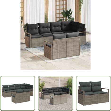 vidaXL Polyrattan -  Set Divano da Giardino con cuscino 7 pcs Grigio polyrattan