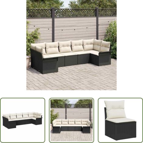 vidaXL Polyrattan -  Set Divano da Giardino con cuscino 7 pcs Nero polyrattan