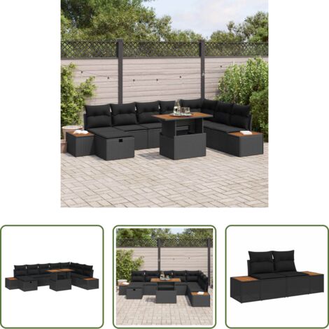 vidaXL Polyrattan -  Set Divano da Giardino con cuscino 9 pcs Nero polyrattan