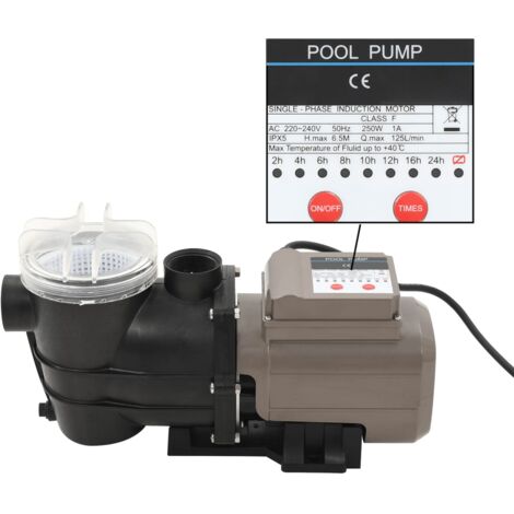 vidaXL Pompa per Piscina con Timer Nera 0,25 HP 8000 L/h