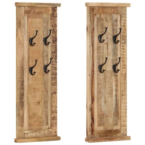 Vidaxl – Porte-manteau mural 2 pcs en bois de manguier massif 38x100 cm – 4 crochets en fer forgé – Résistant à l'usure du temps