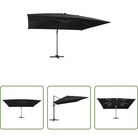 vidaXL Poste de aluminio -  Sombrilla voladiza luces LED y poste aluminio negra 400x300 cm