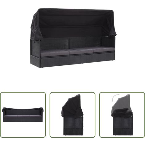 vidaXL Prendisole -  Divano Letto da Esterno con Baldacchino in Polyrattan Nero