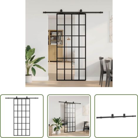 vidaXL Puerta corredera de granero -  Puerta corredera con set herrajes negro 90x205 cm vidrio ESG