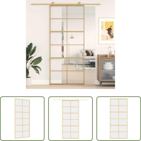 vidaXL Puerta Corrediza ESG Transparente -  Puerta corredera dorada de vidrio ESG transparente y aluminio