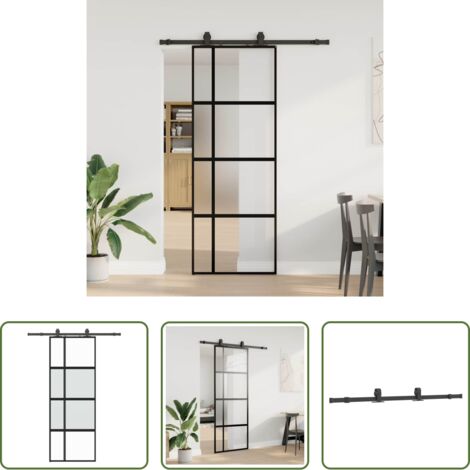 vidaXL Puerta de aluminio -  Puerta corredera con herrajes negro 76x205 cm vidrio templado
