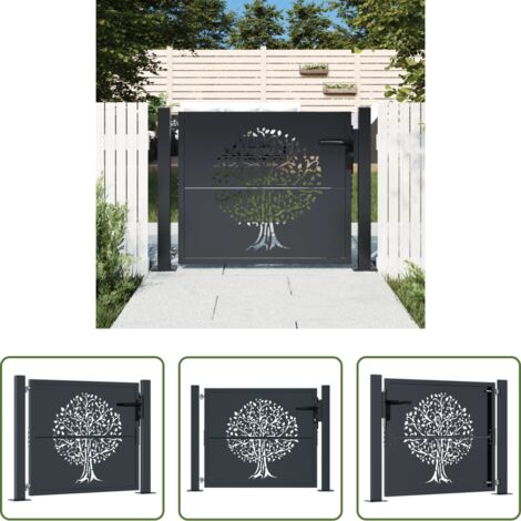 vidaXL Puerta de jardín acero - Puerta de jardín acero gris antracita diseño árbol 100x75 cm