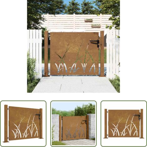 vidaXL Puerta de jardín oxidada -  Puerta de jardín 100x100 cm de acero corten con diseño de hierba