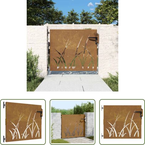vidaXL Puerta de jardín oxidada -  Puerta de jardín acero corten diseño hierba 85x100 cm