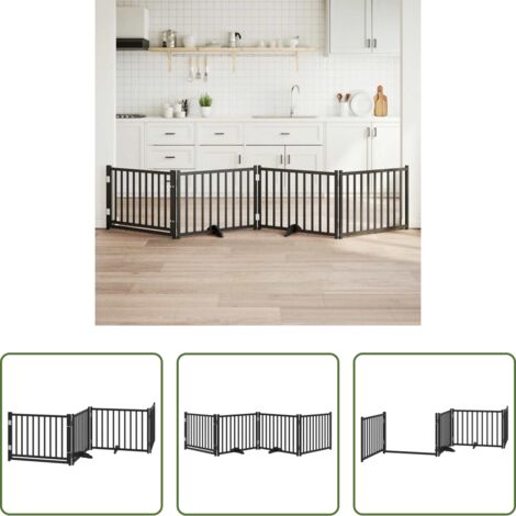 vidaXL Puerta de madera para perros -  Puerta de perros plegable 4 paneles madera abeto negro 320 cm
