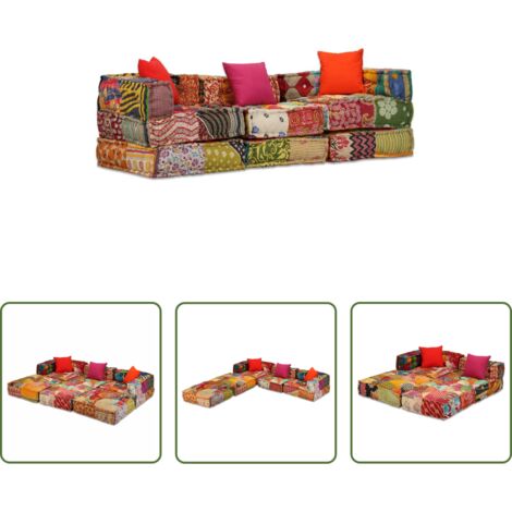 vidaXL Puf modular -  Puf modular de 3 plazas de tela patchwork