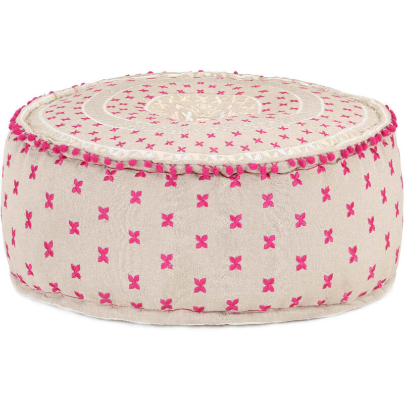 

vidaXL Puf Redondo con Bordado Algodón 60x25 cm Fucsia Blanco Beige - Multicolor